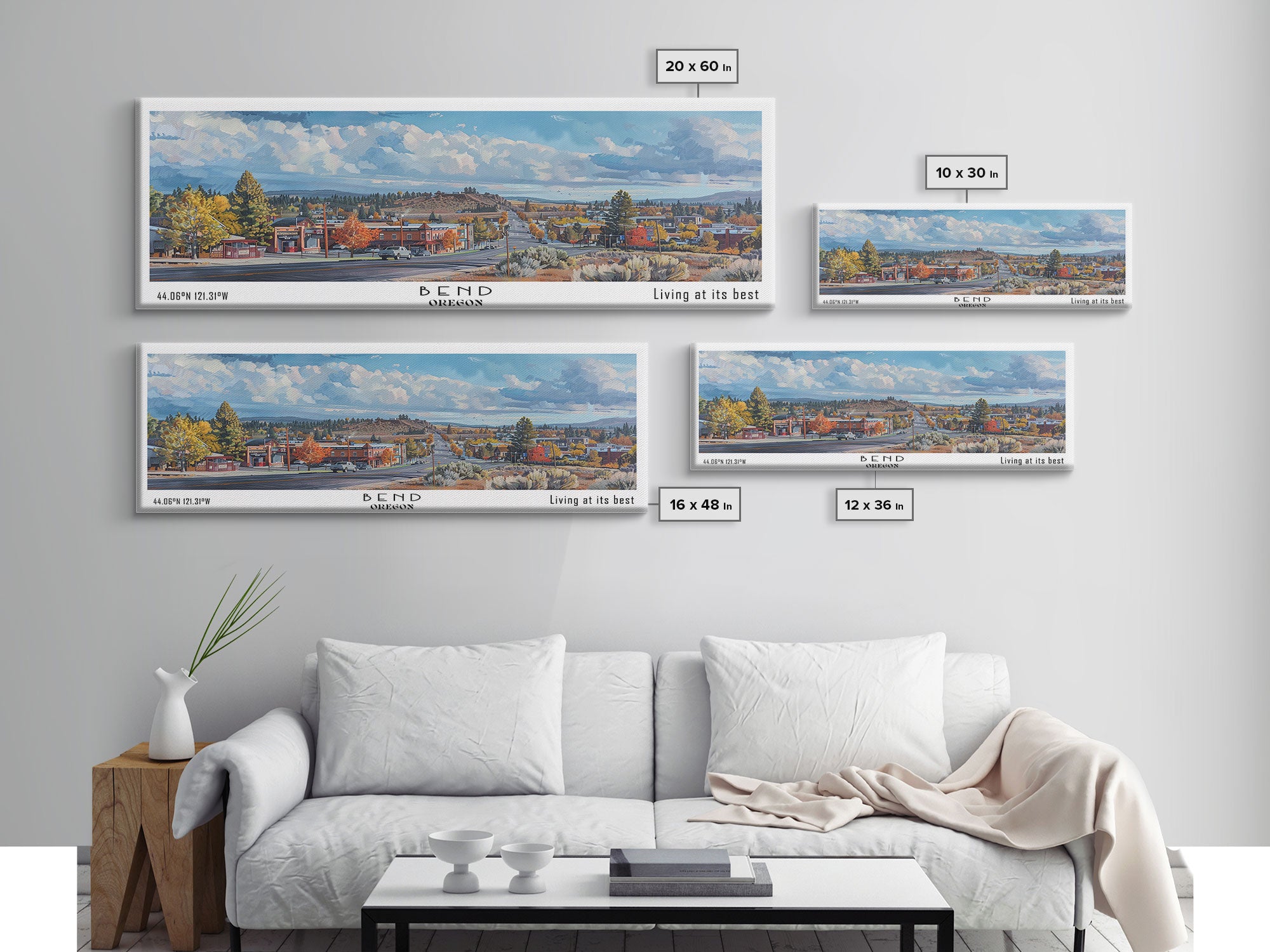 Bend Oregon Panoramic Watercolor Painting, Framed Canvas Print, Scenic City Art, Travel Poster, Wall Decor, Living Room Art, Gift Idea
