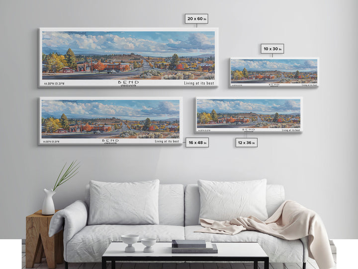 Bend Oregon Panoramic Watercolor Painting, Framed Canvas Print, Scenic City Art, Travel Poster, Wall Decor, Living Room Art, Gift Idea