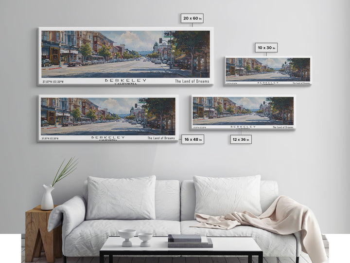 Berkeley California Panoramic Painting, Watercolor Framed Canvas Print, Scenic City Art, Travel Poster, Home Decor, Wall Art, Office Wall Art