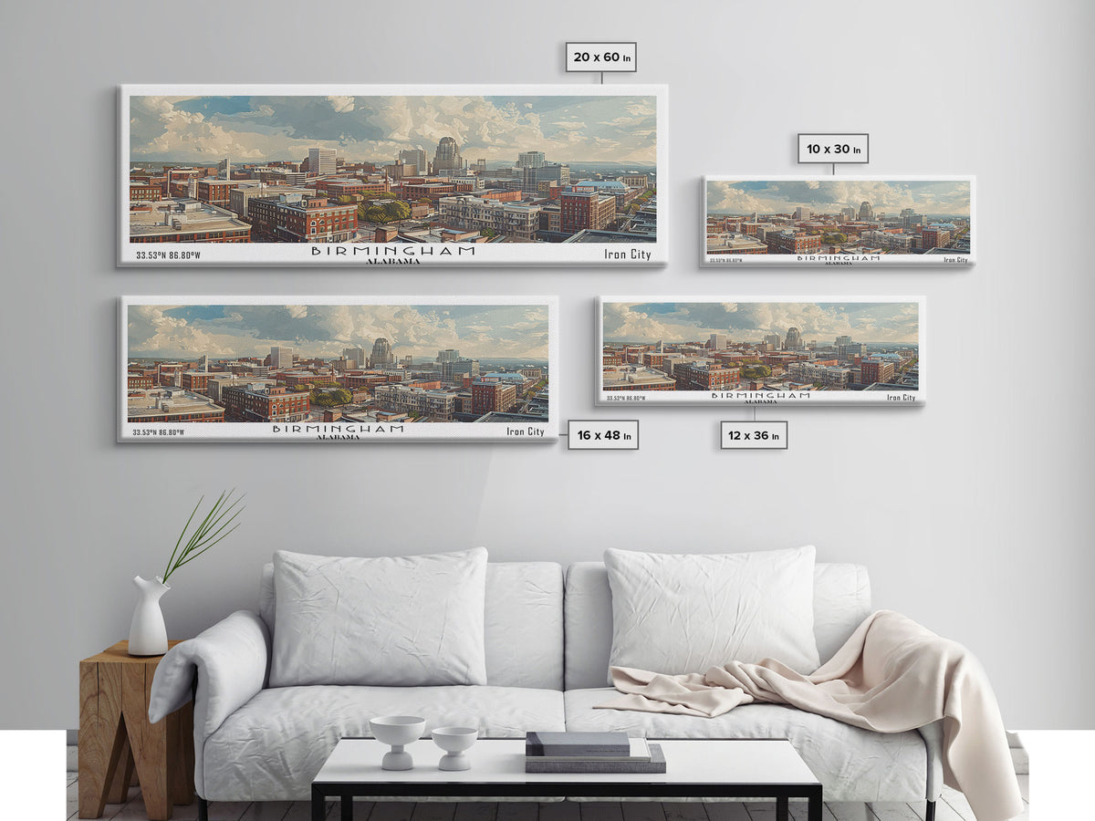Birmingham Alabama Panoramic Painting, Watercolor Framed Canvas Print, Scenic City Art, Travel Poster, Wall Decor, Living Room Art, Gift Idea