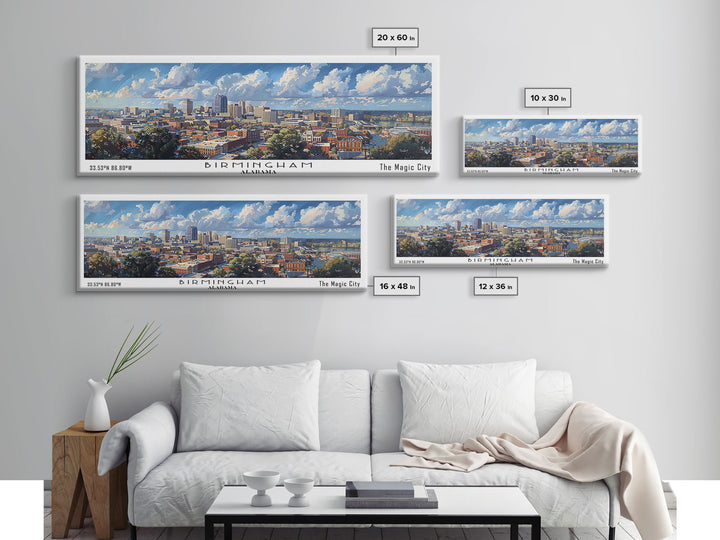 Birmingham Alabama Panoramic Watercolor Painting, Framed Canvas Print, Scenic City Art, Travel Poster, Home Decor, Wall Art, Office Wall Art