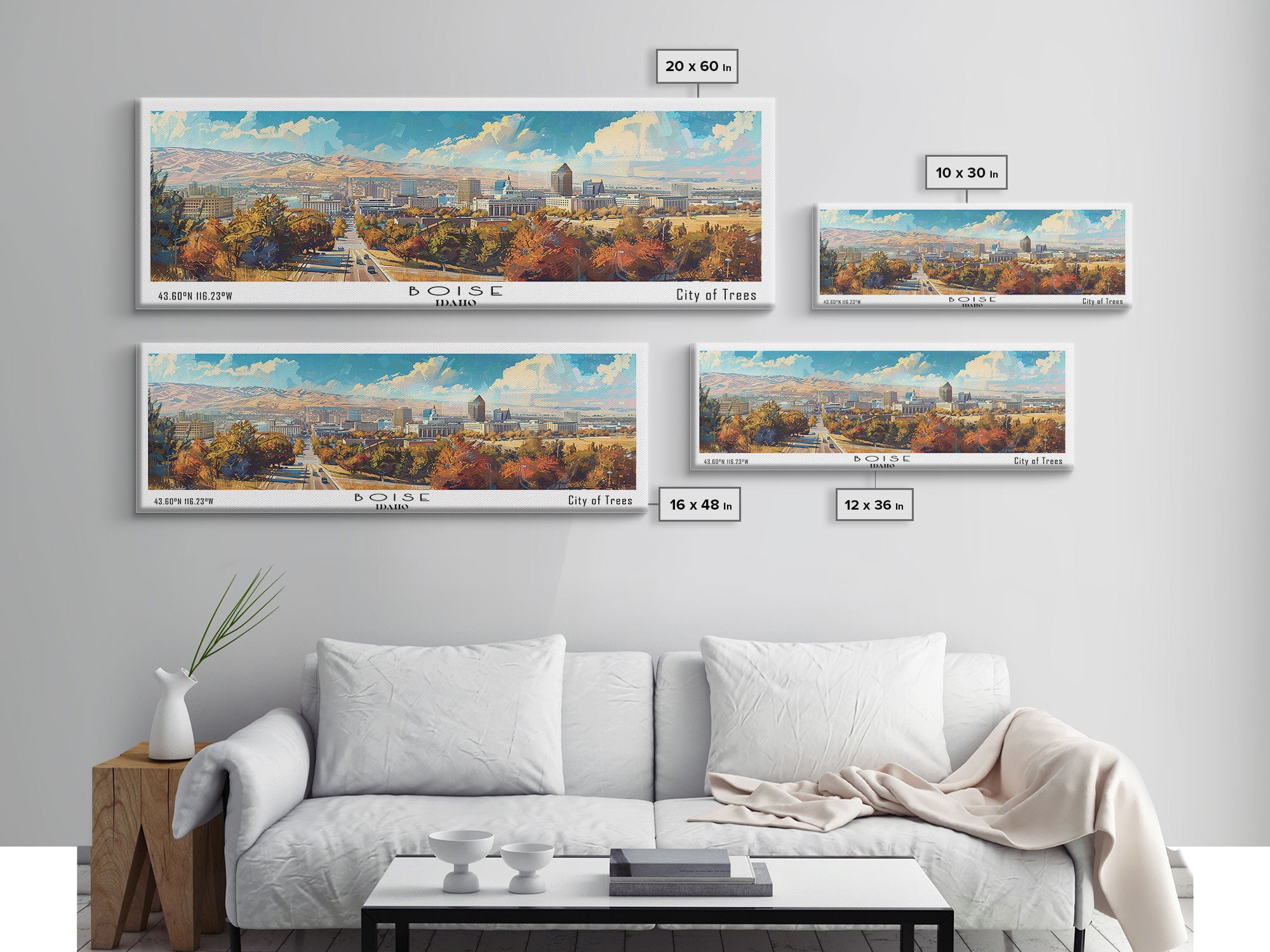 Boise Idaho Panoramic Watercolor Painting, Framed Canvas Print, Scenic City Art, Travel Poster, Wall Decor, Living Room Art, Gift Idea