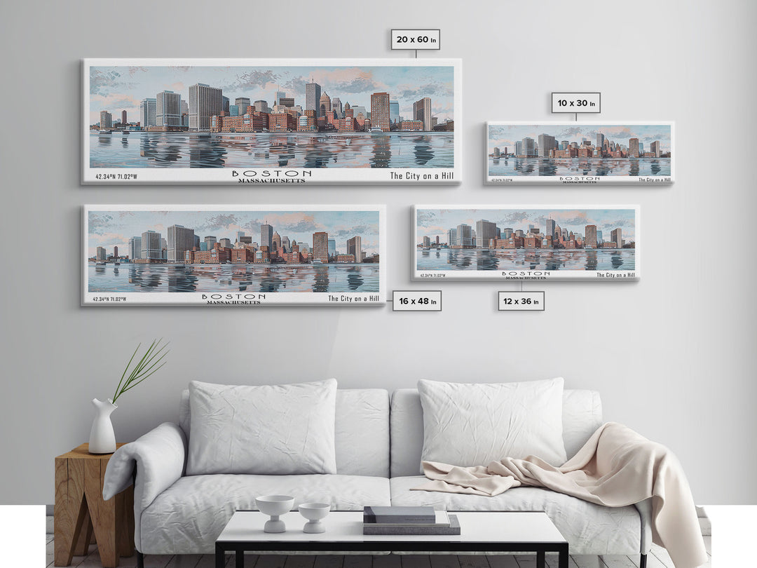 Boston Massachusetts Panoramic Painting, Watercolor Framed Canvas Print, Scenic City Art, Travel Poster, Home Decor, Wall Art, Office Wall Art