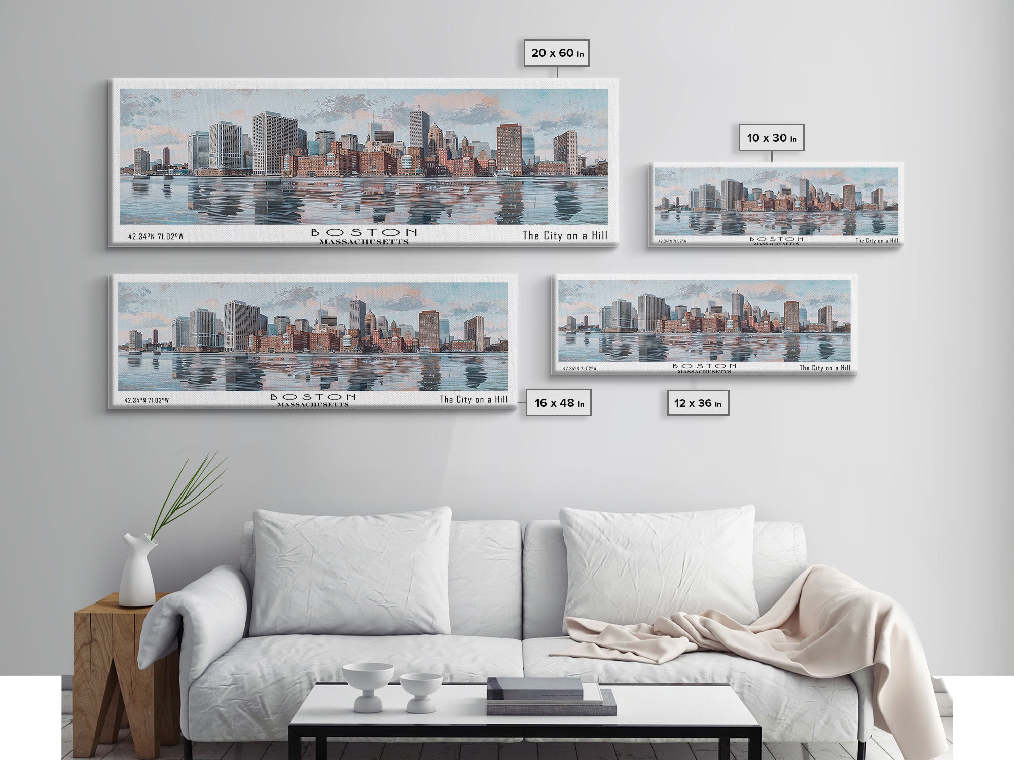 Boston Massachusetts Panoramic Painting, Watercolor Framed Canvas Print, Scenic City Art, Travel Poster, Home Decor, Wall Art, Office Wall Art