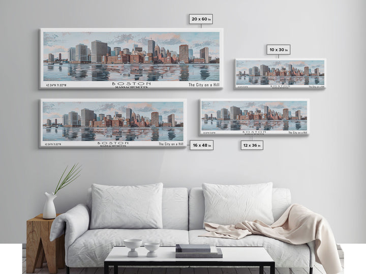 Boston Massachusetts Panoramic Painting, Watercolor Framed Canvas Print, Scenic City Art, Travel Poster, Home Decor, Wall Art, Office Wall Art