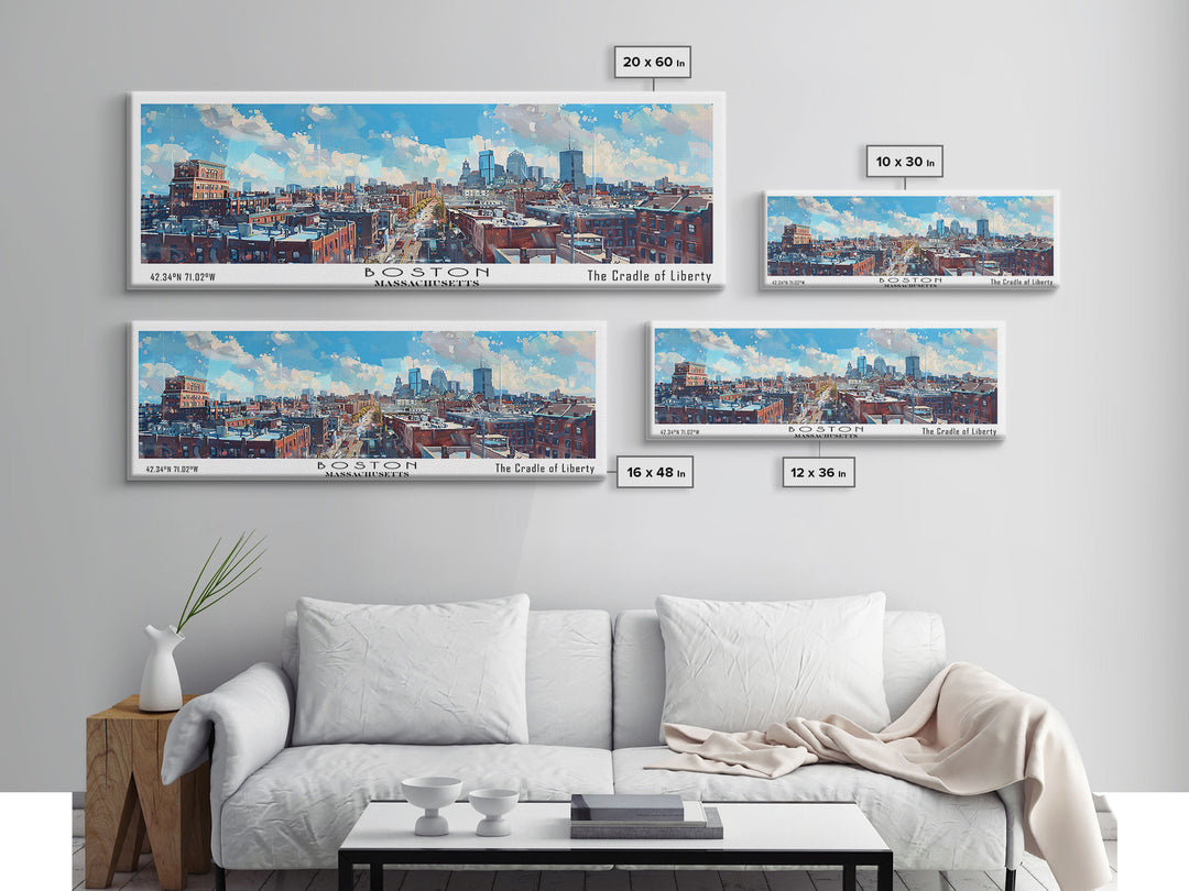 Boston Massachusetts Panoramic Watercolor Painting, Framed Canvas Print, Scenic City Art, Travel Poster, Home Decor, Wall Hanging, Living Room Art