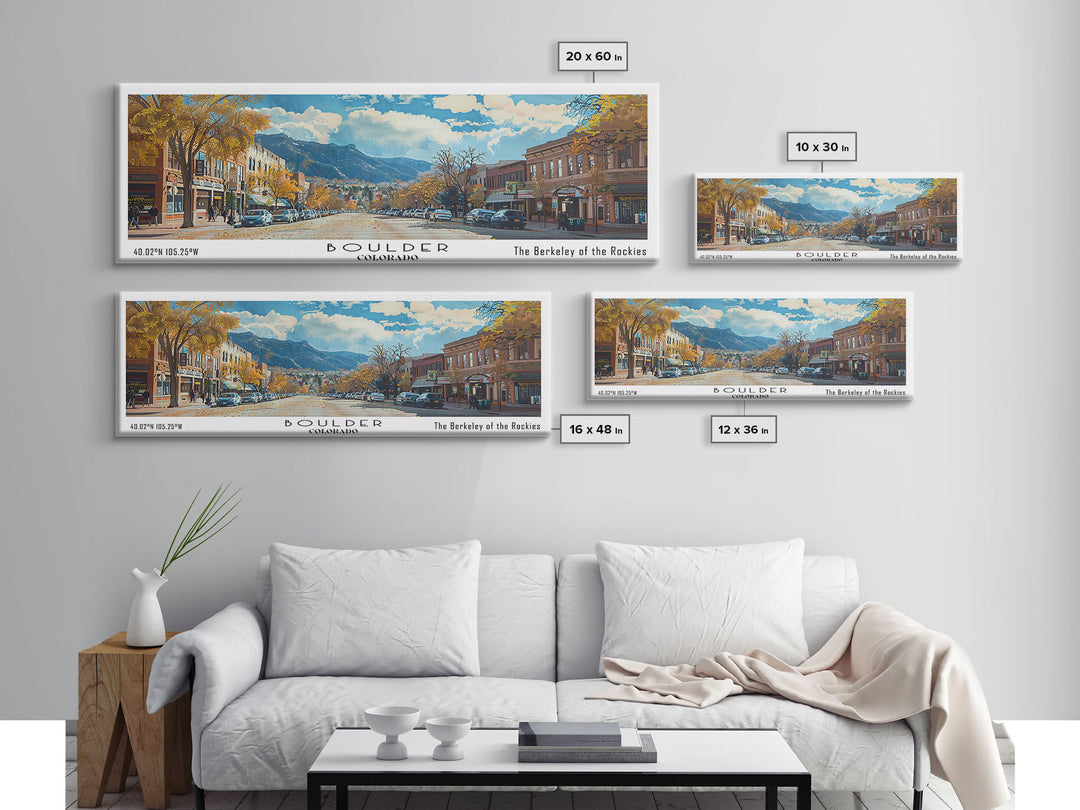 Boulder Colorado Panoramic Painting, Watercolor Framed Canvas Print, Scenic City Art, Travel Poster, Wall Decor, Living Room Art, Gift Idea