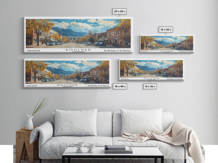 Boulder Colorado Panoramic Painting, Watercolor Framed Canvas Print, Scenic City Art, Travel Poster, Wall Decor, Living Room Art, Gift Idea