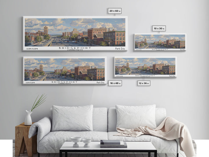 Bridgeport Connecticut Panoramic Painting, Watercolor Framed Canvas Print, Scenic City Art, Travel Poster, Home Decor, Wall Art, Office Wall Art