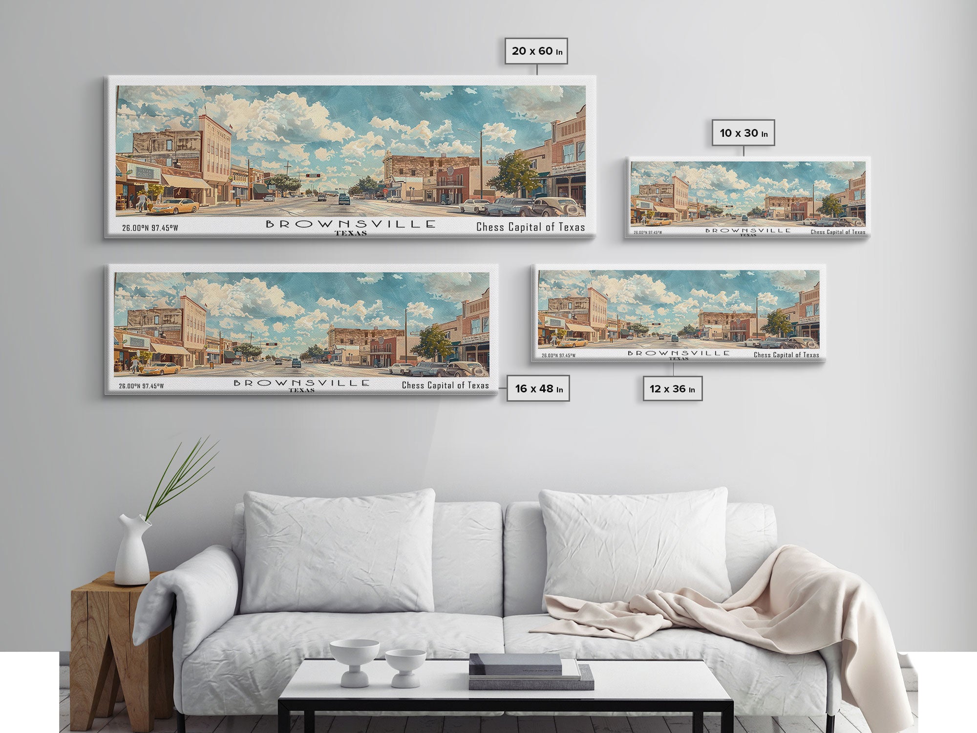 Brownsville Texas Panoramic Painting, Watercolor Framed Canvas Print, Scenic City Art, Travel Poster, Wall Decor, Living Room Art, Gift Idea
