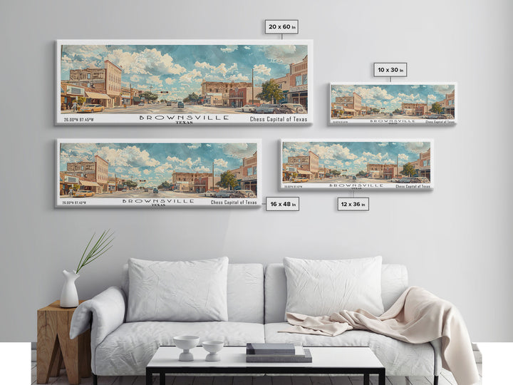 Brownsville Texas Panoramic Painting, Watercolor Framed Canvas Print, Scenic City Art, Travel Poster, Wall Decor, Living Room Art, Gift Idea