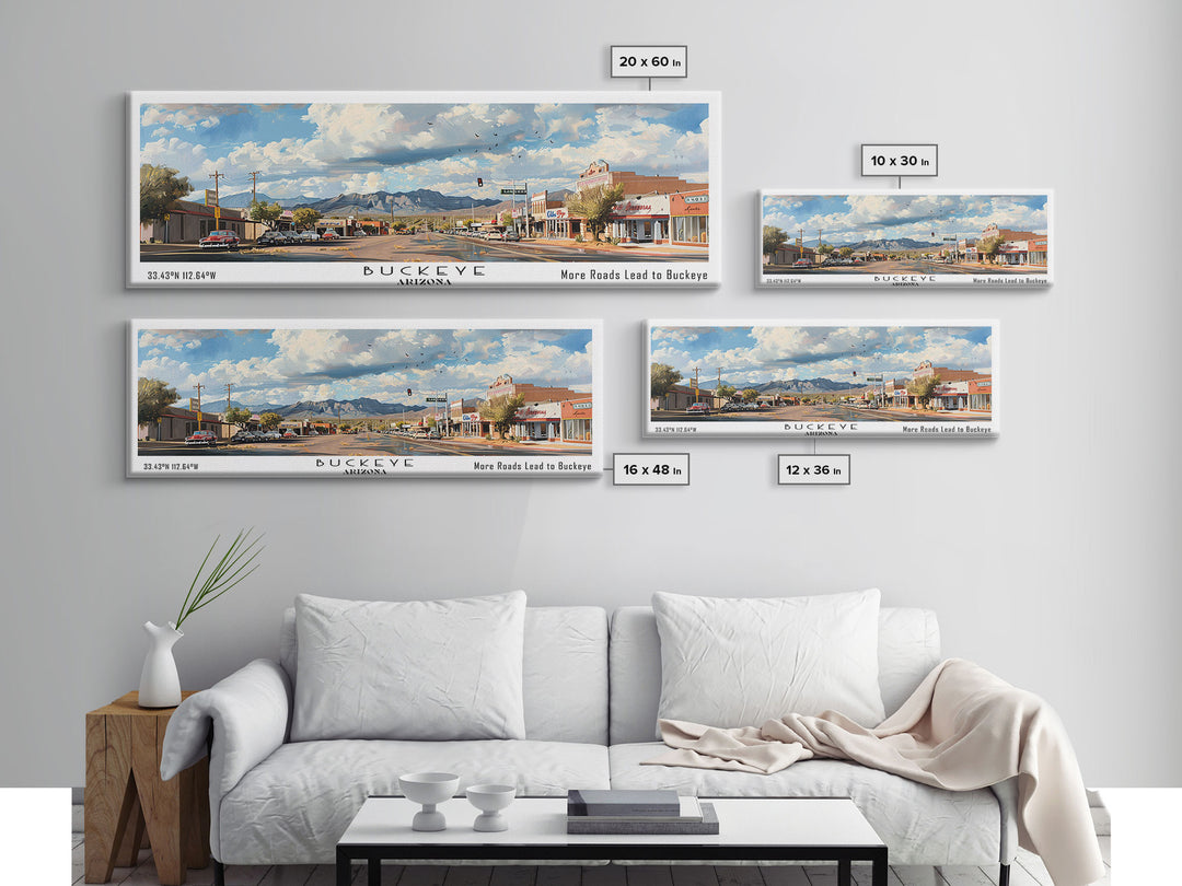 Buckeye Arizona Panoramic Watercolor Painting Framed Canvas Print, Travel Poster Art, Home Decor, Vibrant Arizona Cityscape, Office Decoration, Living Room Wall Art, Unique Gift