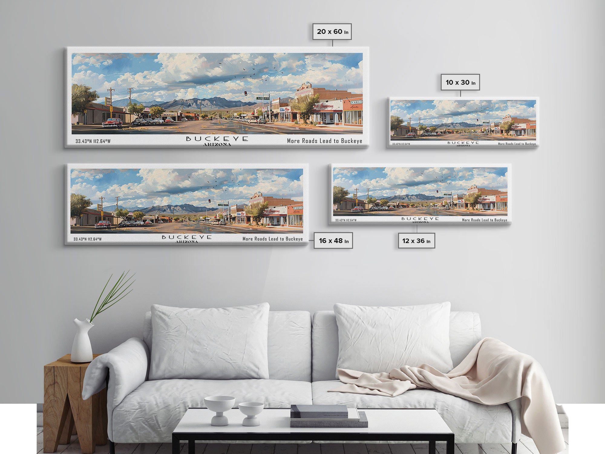 Buckeye Arizona Panoramic Watercolor Painting Framed Canvas Print, Travel Poster Art, Home Decor, Vibrant Arizona Cityscape, Office Decoration, Living Room Wall Art, Unique Gift