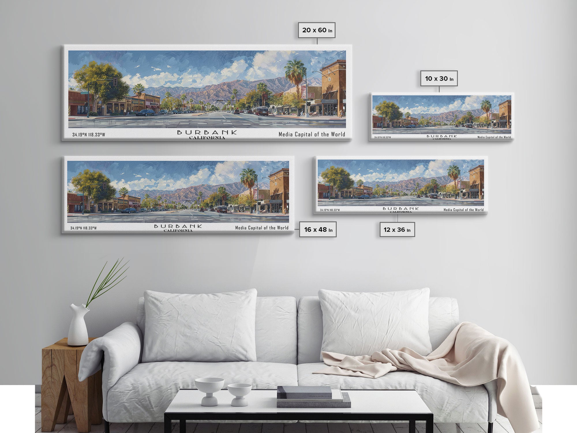 Burbank California Panoramic Watercolor Painting Framed Canvas Print, Travel Poster Art, Home Decor, Charming Cityscape, Bedroom Wall Art, Office Decoration, Gift for Travelers