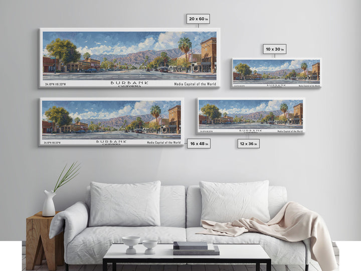 Burbank California Panoramic Watercolor Painting Framed Canvas Print, Travel Poster Art, Home Decor, Charming Cityscape, Bedroom Wall Art, Office Decoration, Gift for Travelers
