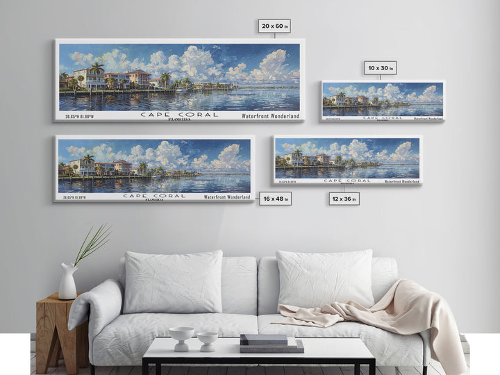 Cape Coral Florida Panoramic Watercolor Painting Framed Canvas Print, Travel Poster Art, Coastal Cityscape, Living Room Decor, Wall Hanging, Office Art, Unique Gift Idea