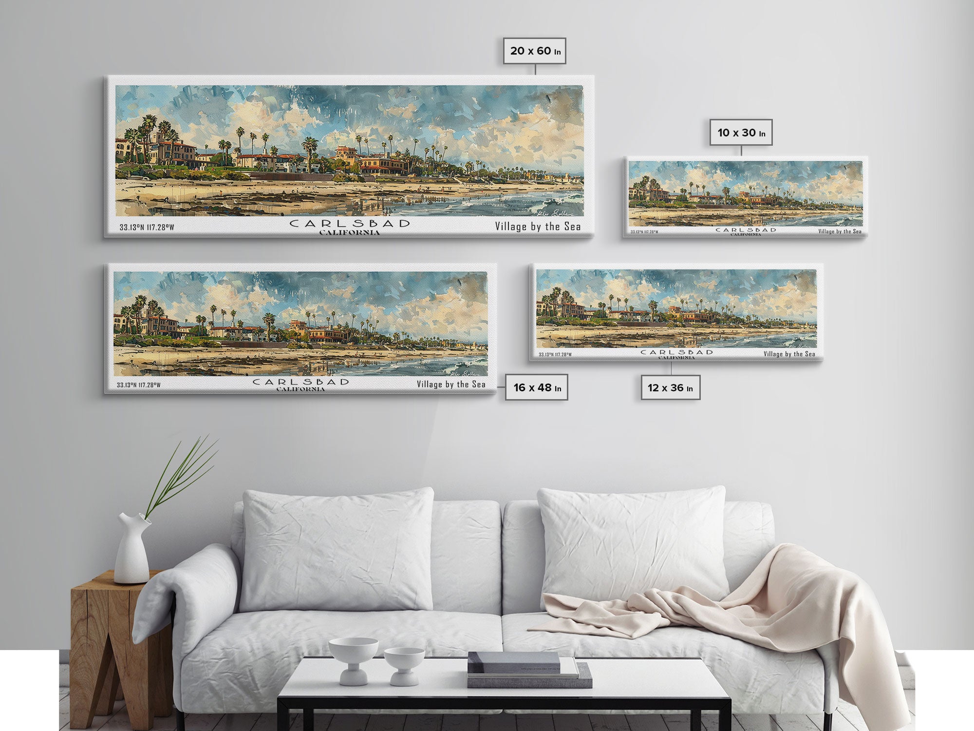 Carlsbad California Panoramic Watercolor Painting Framed Canvas Print, Travel Poster Art, Coastal Home Decor, Picturesque Cityscape, Wall Art for Bedroom, Office Wall Decoration, Travel Enthusiast Gift