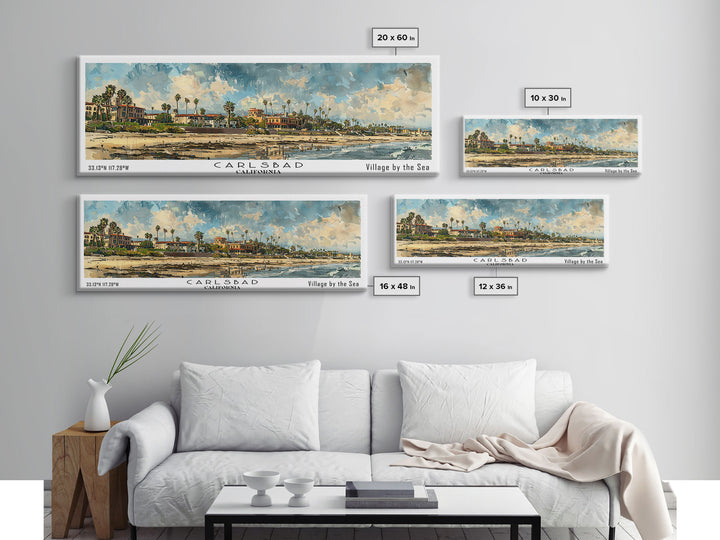 Carlsbad California Panoramic Watercolor Painting Framed Canvas Print, Travel Poster Art, Coastal Home Decor, Picturesque Cityscape, Wall Art for Bedroom, Office Wall Decoration, Travel Enthusiast Gift