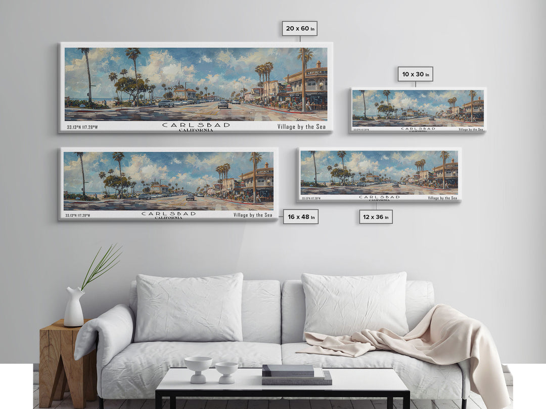 Carlsbad California Panoramic Watercolor Style Framed Canvas Print, Coastal Travel Poster, Home Decor, Picturesque Seascape, Office Wall Art, Living Room Decoration, Unique Gift Idea