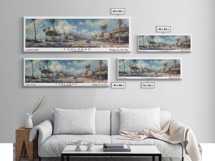 Carlsbad California Panoramic Watercolor Style Framed Canvas Print, Coastal Travel Poster, Home Decor, Picturesque Seascape, Office Wall Art, Living Room Decoration, Unique Gift Idea