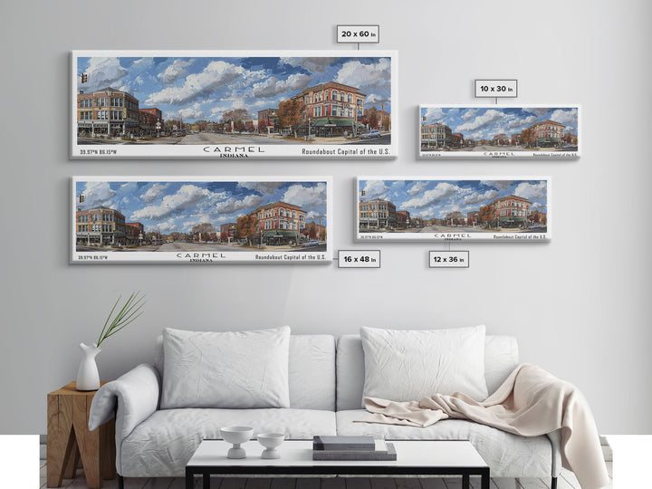 Carmel Indiana Panoramic Watercolor Painting Framed Canvas Print, Travel Poster Art, Home Decor, Picturesque Indiana Cityscape, Living Room Wall Art, Office Decoration, Gift for Art Lovers