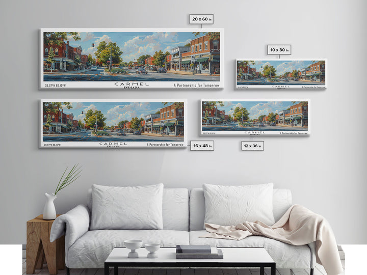 Carmel Indiana Panoramic Watercolor Painting Framed Canvas Print, Travel Poster Art, Charming Cityscape, Home Decor, Bedroom Wall Art, Office Decoration, Unique Travel Gift