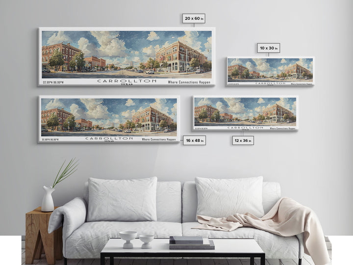 Carrolton Texas Panoramic Watercolor Painting Framed Canvas Print, Travel Poster Art, Home Decor, Vibrant Texas Cityscape, Living Room Wall Art, Office Decoration, Gift for Texans