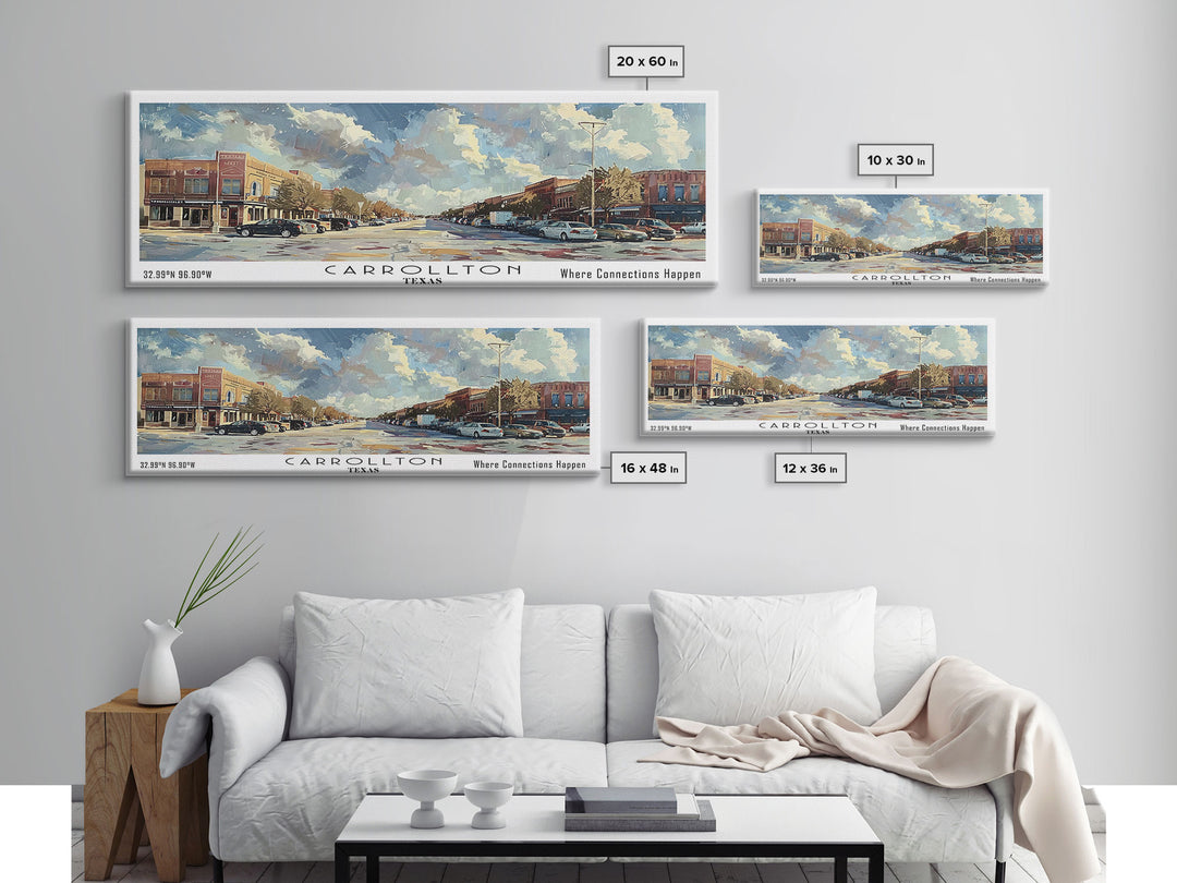 Carrolton Texas Panoramic Watercolor Painting Framed Canvas Print, Travel Poster Art, Home Decor, Texas City Landscape, Bedroom Wall Art, Office Decoration, Texas-Themed Gift