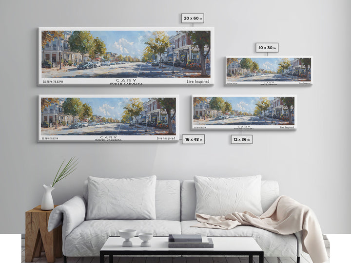 Cary North Carolina Panoramic Watercolor Painting Framed Canvas Print, Travel Poster Art, Home Decor, Picturesque North Carolina Landscape, Living Room Wall Art, Office Decoration, North Carolina Gift