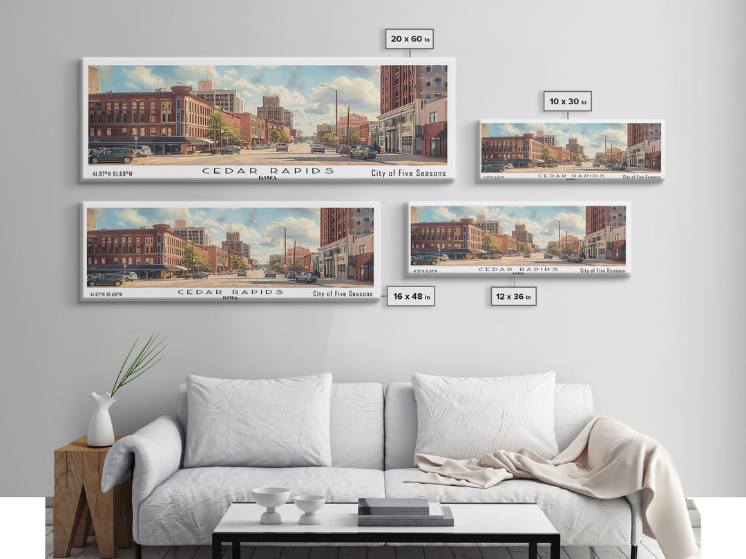 Cedar Rapids Iowa Panoramic Watercolor Painting Framed Canvas Print, Travel Poster Art, Home Decor, Iowa Cityscape, Living Room Decoration, Office Wall Art, Gift for Iowans