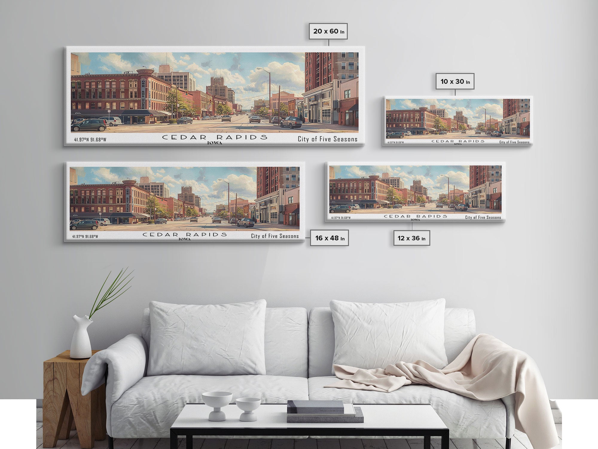 Cedar Rapids Iowa Panoramic Watercolor Painting Framed Canvas Print, Travel Poster Art, Home Decor, Iowa Cityscape, Living Room Decoration, Office Wall Art, Gift for Iowans