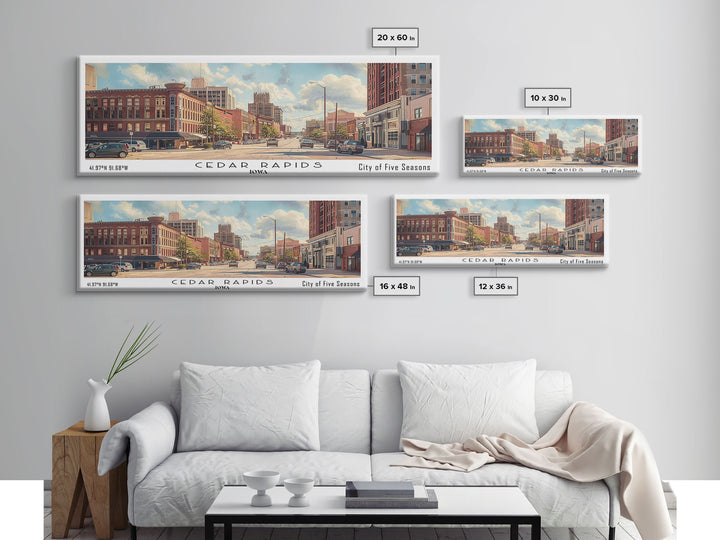 Cedar Rapids Iowa Panoramic Watercolor Painting Framed Canvas Print, Travel Poster Art, Home Decor, Iowa Cityscape, Living Room Decoration, Office Wall Art, Gift for Iowans