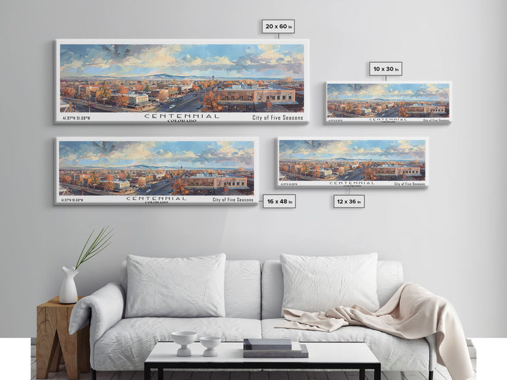 Centennial Colorado Panoramic Watercolor Painting Framed Canvas Print, Travel Poster Art, Home Decor, Mountain Cityscape, Bedroom Wall Art, Office Decoration, Unique Travel Gift
