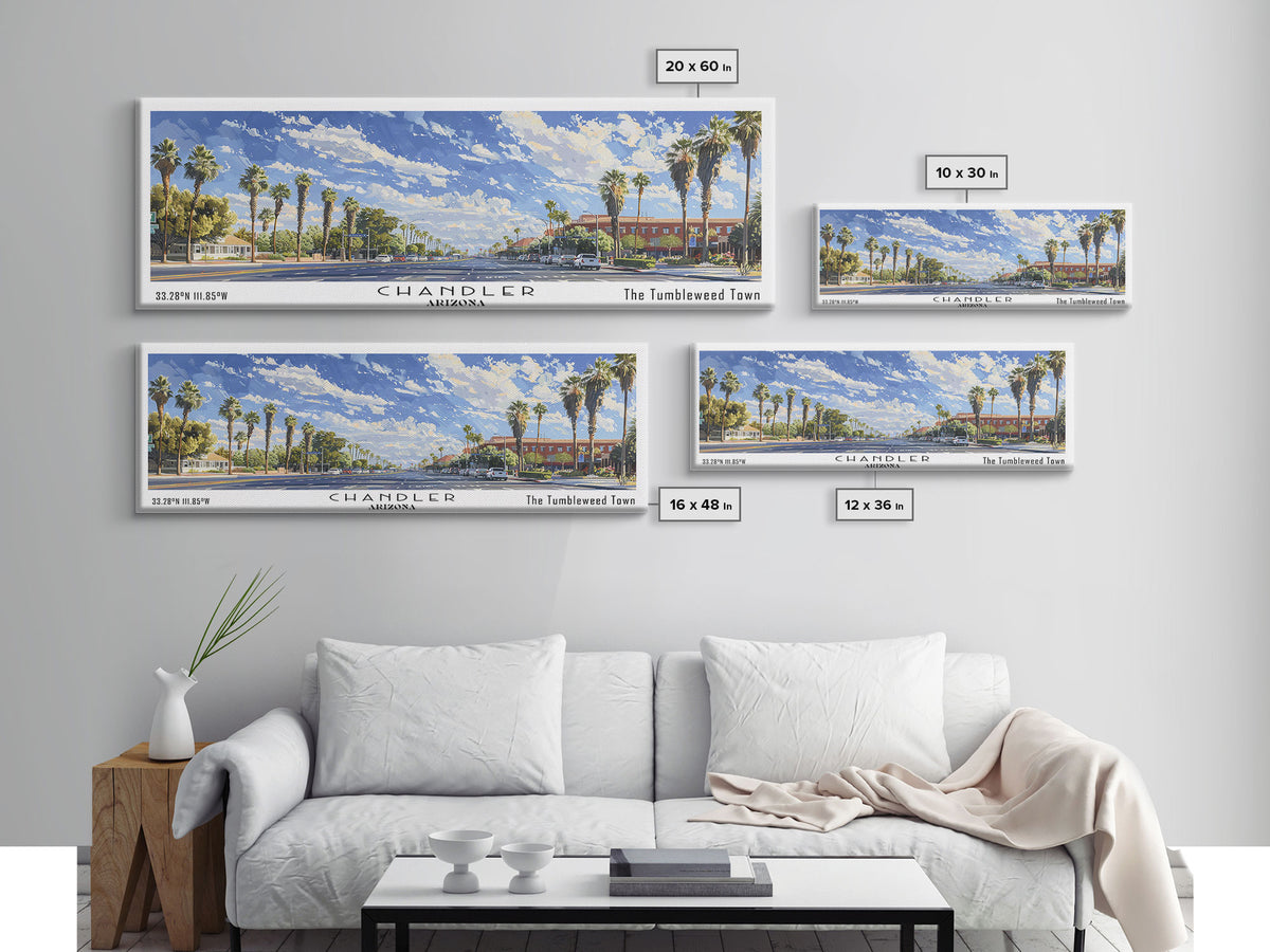 Chandler Arizona Panoramic Watercolor Painting Framed Canvas Print, Travel Poster Art, Home Decor, Vibrant Arizona Cityscape, Living Room Wall Art, Office Decoration, Gift for Art Lovers