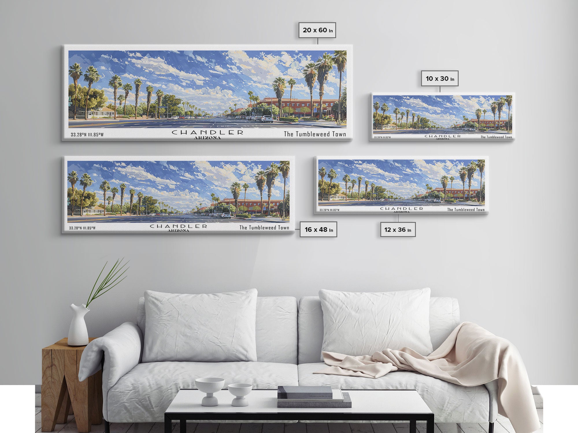 Chandler Arizona Panoramic Watercolor Painting Framed Canvas Print, Travel Poster Art, Home Decor, Vibrant Arizona Cityscape, Living Room Wall Art, Office Decoration, Gift for Art Lovers