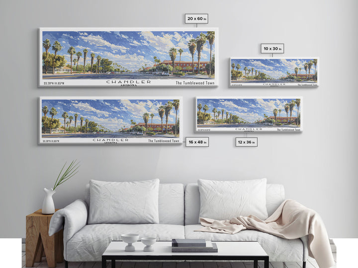 Chandler Arizona Panoramic Watercolor Painting Framed Canvas Print, Travel Poster Art, Home Decor, Vibrant Arizona Cityscape, Living Room Wall Art, Office Decoration, Gift for Art Lovers