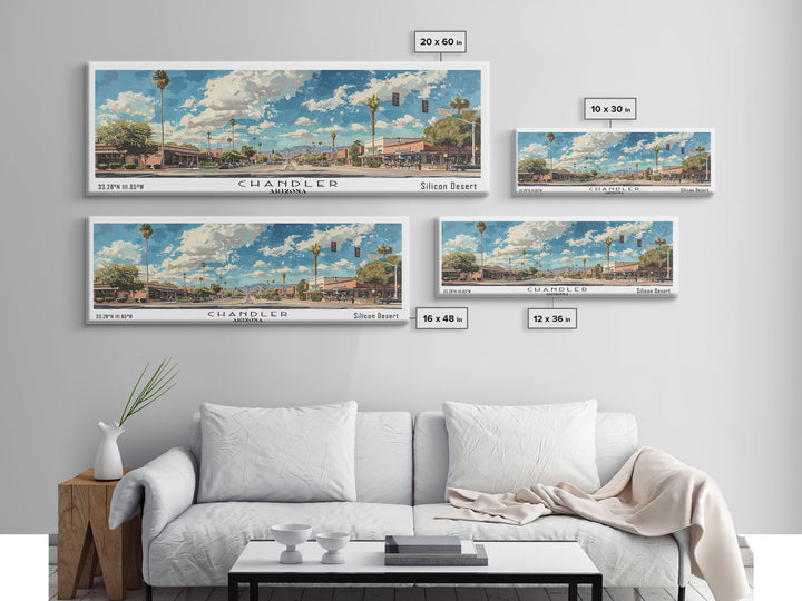 Chandler Arizona Panoramic Watercolor Painting Framed Canvas Print, Travel Poster Art, Home Decor, Desert Cityscape, Bedroom Wall Art, Office Decoration, Unique Travel Gift