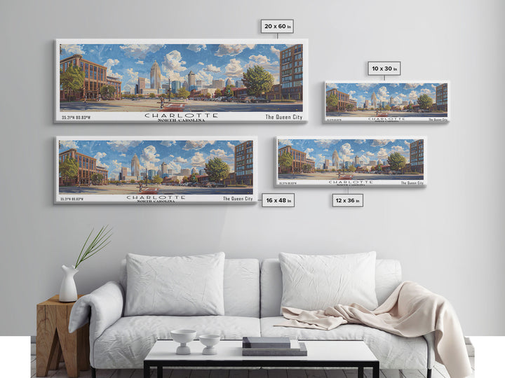 Charlotte North Carolina Panoramic Watercolor Painting Framed Canvas Print, Travel Poster Art, Urban Cityscape, Living Room Decor, Wall Art, Office Decoration, North Carolina Gift