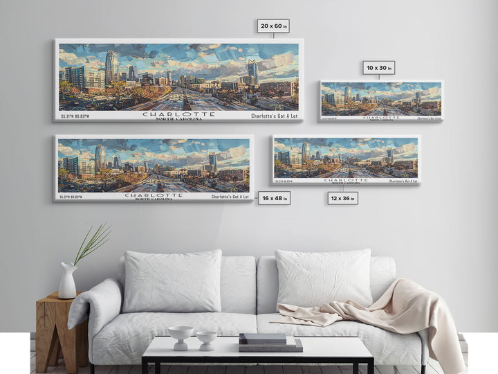 Charlotte North Carolina Panoramic Watercolor Painting Framed Canvas Print, Travel Poster Art, Urban Landscape, Home Decor, Bedroom Wall Art, Office Decoration, Unique Travel Gift