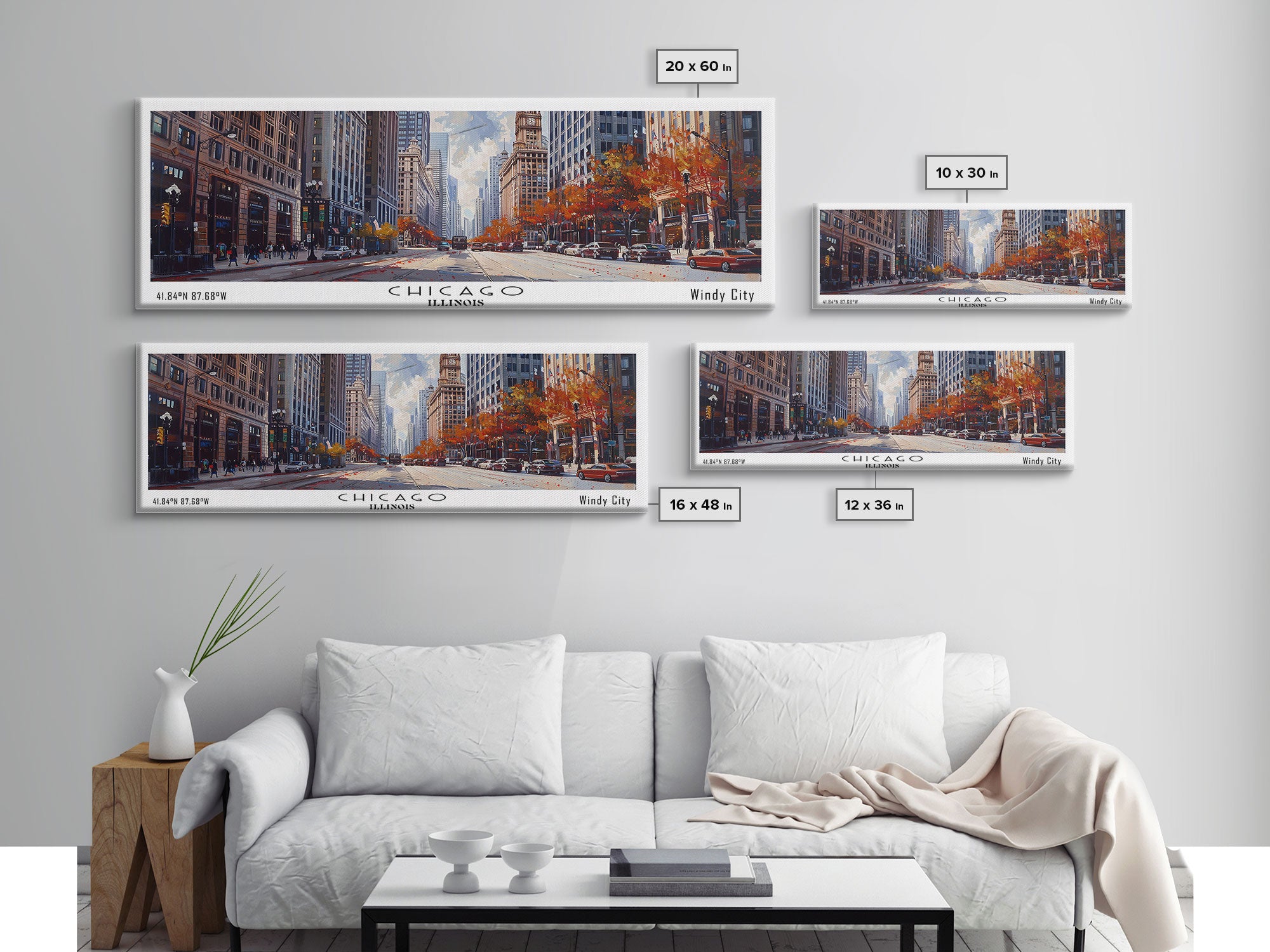 Chicago Illinois Panoramic Watercolor Painting Framed Canvas Print, Travel Poster Art, Urban Cityscape, Home Decor, Living Room Wall Art, Office Decoration, Gift for Chicago Lovers