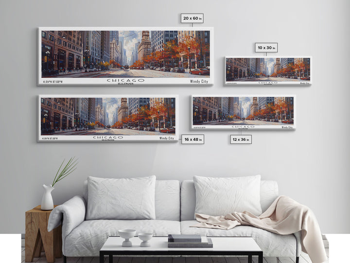 Chicago Illinois Panoramic Watercolor Painting Framed Canvas Print, Travel Poster Art, Urban Cityscape, Home Decor, Living Room Wall Art, Office Decoration, Gift for Chicago Lovers