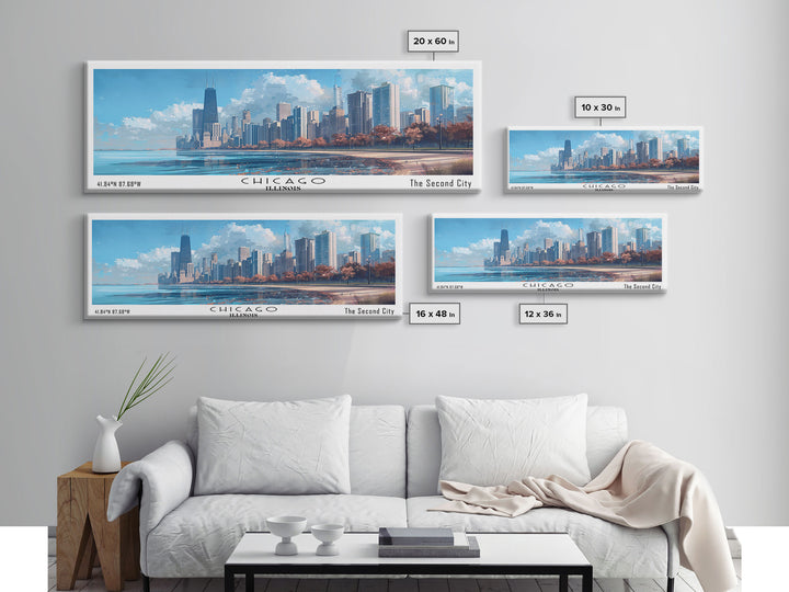 Chicago Illinois Panoramic Watercolor Painting Framed Canvas Print, Travel Poster Art, Urban Landscape, Bedroom Wall Art, Living Room Decoration, Office Wall Art, Windy City Gift