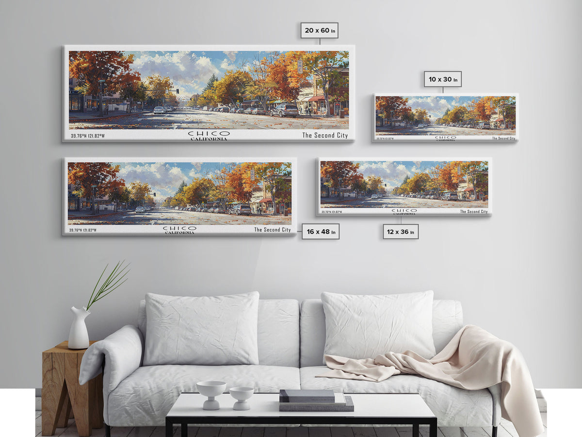 Chico California Panoramic Watercolor Painting Framed Canvas Print, Travel Poster Art, Picturesque Landscape, Home Decor, Living Room Wall Art, Office Decoration, Unique Travel Gift