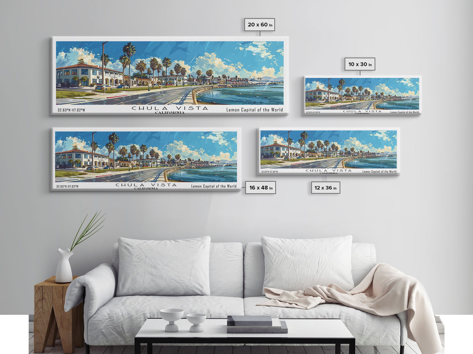 Chula Vista California Panoramic Watercolor Painting Framed Canvas Print, Travel Poster Art, Coastal View, Home Decor, Wall Hanging, Office Art, Gift for Coastal Lovers