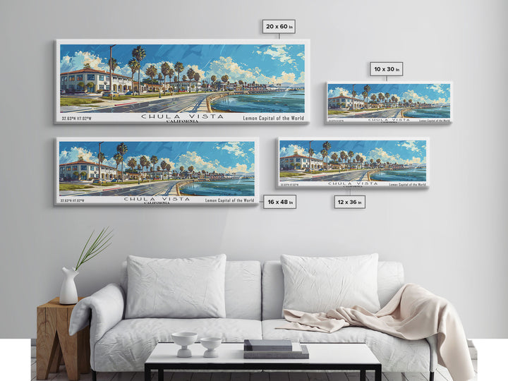Chula Vista California Panoramic Watercolor Painting Framed Canvas Print, Travel Poster Art, Coastal View, Home Decor, Wall Hanging, Office Art, Gift for Coastal Lovers