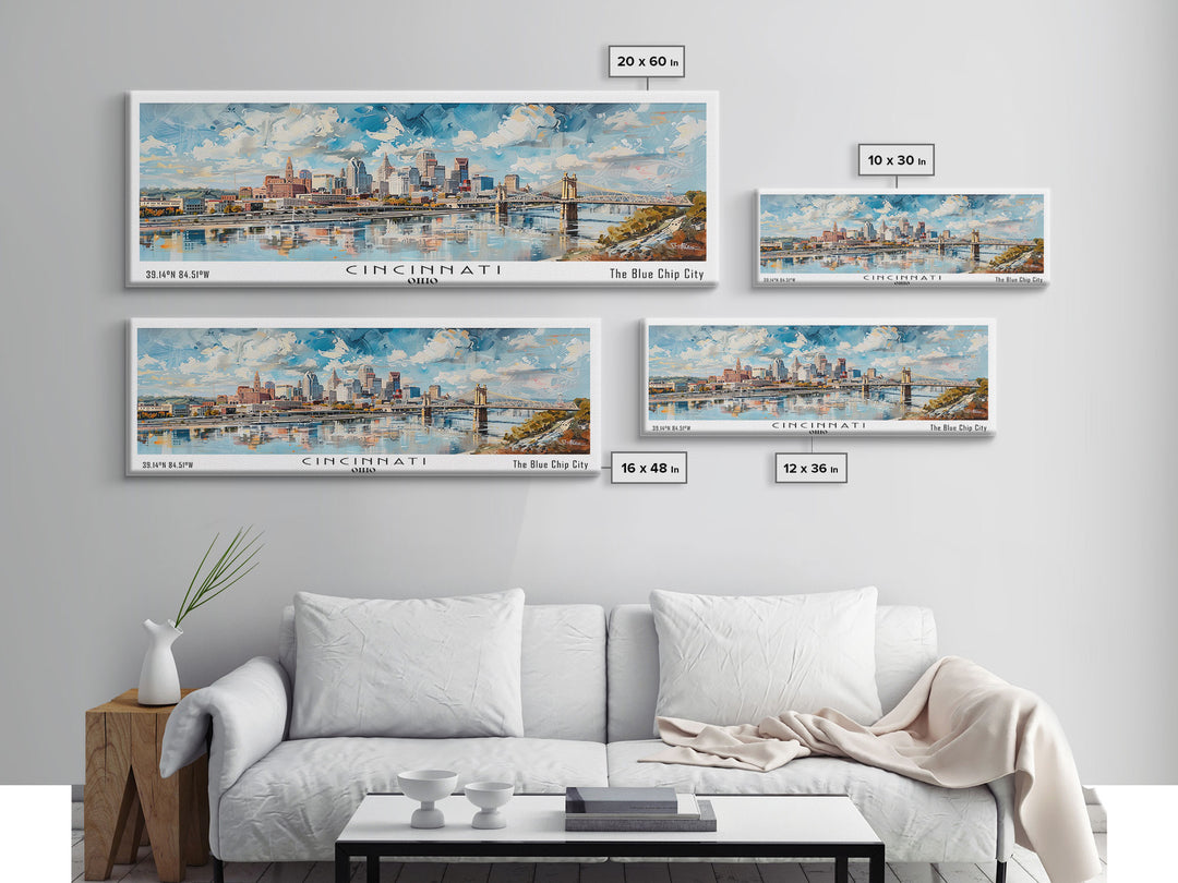 Cincinnati Ohio Panoramic Watercolor Painting Framed Canvas Print, Travel Poster Art, Urban Cityscape, Home Decor, Living Room Wall Art, Office Decoration, Gift for Ohioans