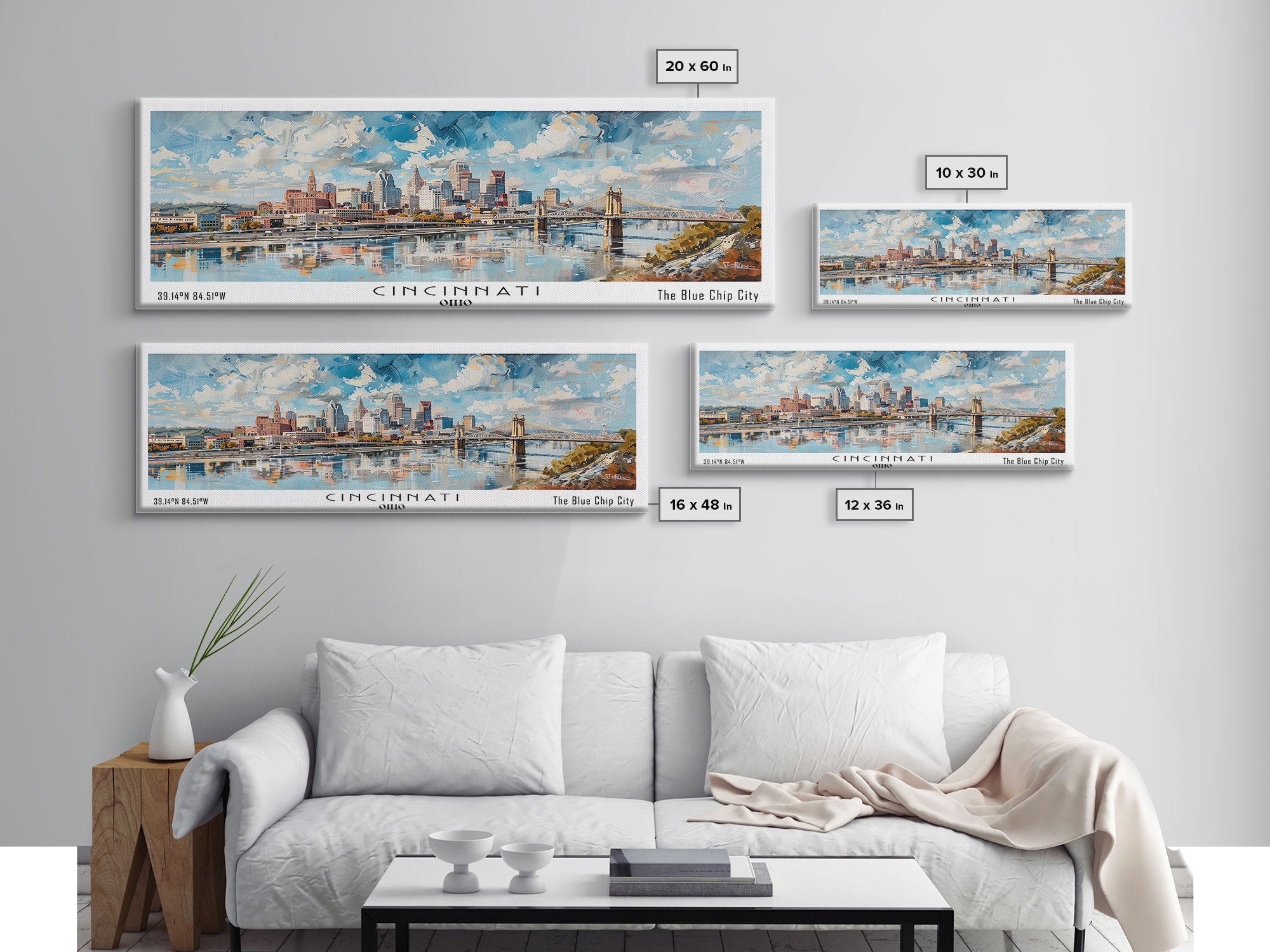 Cincinnati Ohio Panoramic Watercolor Painting Framed Canvas Print, Travel Poster Art, Urban Cityscape, Home Decor, Living Room Wall Art, Office Decoration, Gift for Ohioans