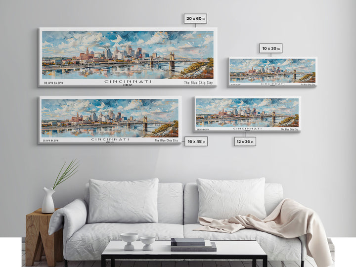 Cincinnati Ohio Panoramic Watercolor Painting Framed Canvas Print, Travel Poster Art, Urban Cityscape, Home Decor, Living Room Wall Art, Office Decoration, Gift for Ohioans