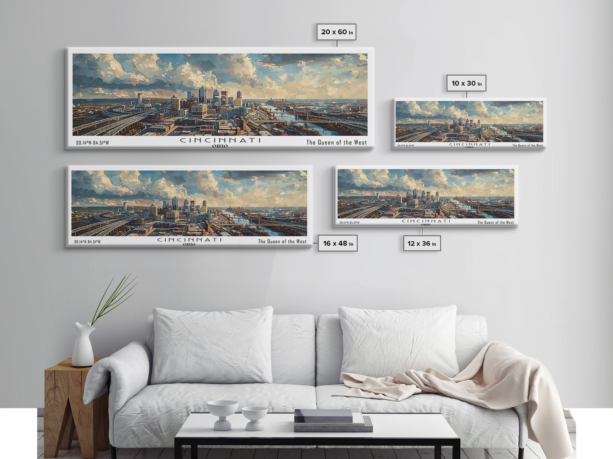 Cincinnati Ohio Panoramic Watercolor Painting Framed Canvas Print, Travel Poster Art, Urban Landscape, Bedroom Wall Art, Living Room Decoration, Office Wall Art, Ohio-Themed Gift