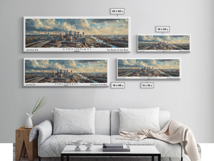 Cincinnati Ohio Panoramic Watercolor Painting Framed Canvas Print, Travel Poster Art, Urban Landscape, Bedroom Wall Art, Living Room Decoration, Office Wall Art, Ohio-Themed Gift